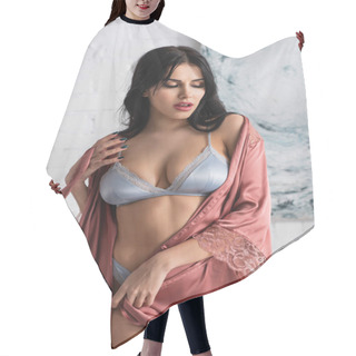 Personality  Young Seductive Woman In Bra And Silk Robe  Hair Cutting Cape