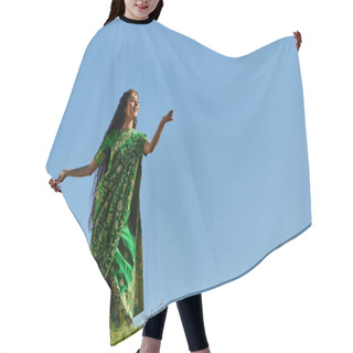 Personality  Elegant Indian Woman In Traditional Sari Dancing On Green Meadow Under Blue Summer Sky Hair Cutting Cape