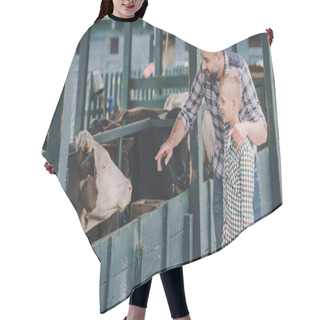 Personality  Side View Of Happy Father And Son In Checkered Shirts Looking At Cows In Stall  Hair Cutting Cape