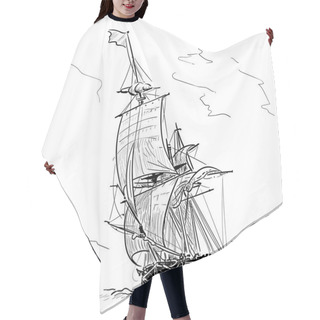 Personality  Sailing Ship Vintage Frigate On The Waves. Hand Drawn Vector Illustration. Hand Sketch. Illustration. Hair Cutting Cape