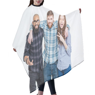 Personality  Happy Three Friends In Casual Wear Standing And Laughing  Hair Cutting Cape