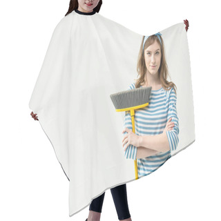 Personality  Young Woman With Broom Hair Cutting Cape