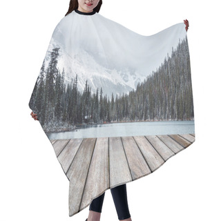 Personality  Empty Wood Plank On Blurred Snowy On Pine Forest With Rocky Mountains In Lake O'hara At Yoho National Park Hair Cutting Cape
