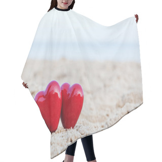Personality  Two Red Hearts On The Beach Symbolizing Love, Valentine's Day, Romantic Couple Hair Cutting Cape