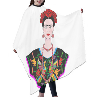 Personality  Frida Kahlo Vector Portrait , Young Beautiful Mexican Woman With A Traditional Hairstyle, Mexican Crafts Jewelry And Dress, Vector Isolated. Frida Ethnic Mexican Dress With Embroidery Floral And Peacock  Hair Cutting Cape