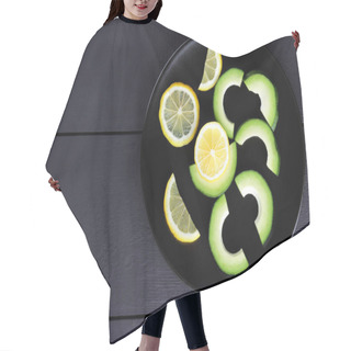 Personality  Avocado On A Black Plate Top View, Sliced Avocado And Lemon On Black Wooden Boards, Vegetarian Food, Useful Natural Food, Tropical Fruits For Breakfast, Chilean Food, Copy Space Hair Cutting Cape