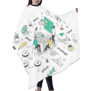 Personality  Woman Presenting Sales Strategy To Audience. Business Startup And Marketing Outline Isometric Illustration Hair Cutting Cape