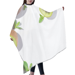 Personality  Top View Of Ripe And Green Kiwi Fruit Halves Near Peppermint On White  Hair Cutting Cape