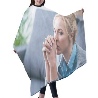 Personality  Selective Focus Of Upset Woman With Folded Hands Sitting At Home  Hair Cutting Cape
