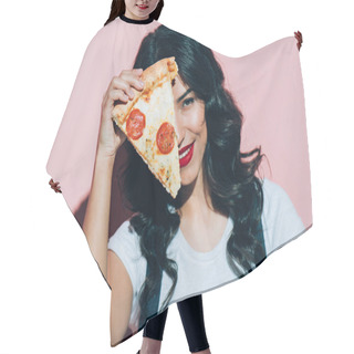 Personality  Obscured View Of Beautiful Smiling Woman Covering Eye With Piece Of Pizza On Pink Background Hair Cutting Cape