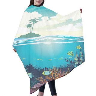 Personality  Beautiful Coral Reef With Fishes And Underwater Creatures On A Blue Sea And Silhouette Of Island With Palm Tree On A Cloudy Sky. Vector Underwater Seascape Illustration. Ocean Wildlife. Hair Cutting Cape