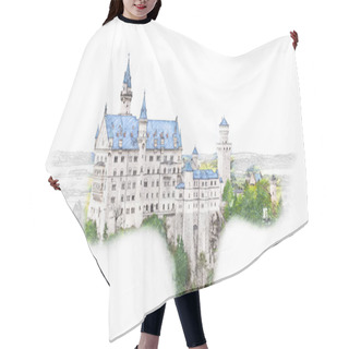 Personality  Munich,Bavaria,Germany. Neuschwanstein Castle In Sketch Style. Watercolor Illustration Of Historical Showplace For Print, Souvenirs, Postcards, T-shirts, Decoration. Hair Cutting Cape