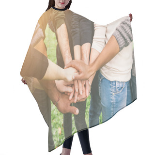 Personality  Multiracial Group Of Friends With Hands In Stack, Teamwork Hair Cutting Cape