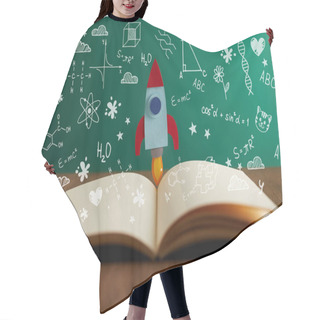 Personality  Open Book With Colorful Rocket On Wooden Table With Math Icons Hair Cutting Cape