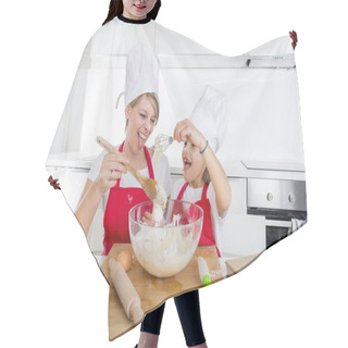 Personality  Young Mother And Little Sweet Daughter In Cook Hat And Apron Cooking Together Baking At Home Kitchen Hair Cutting Cape