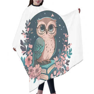 Personality  Wise Owl With Glasses Sitting On A Book, Cosmic Background With Moon And Stars Decorated By Flower Frame In White Background Hair Cutting Cape