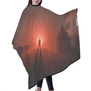 Personality  Night Landscape. City At Night In Dense Fog. Mystical Landscape Surreal Lights With Creepy Man. The Walking Man's Silhouette In Night Fog At Artificial Light. Beautiful Mixed Lighting From Backside. Hair Cutting Cape