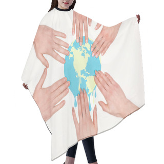 Personality  Partial View Of Women And Men Putting Hands On Paper Cut Melting Globe On White Background, Global Warming Concept Hair Cutting Cape