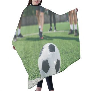 Personality  Selective Focus Of Football Ball And Multicultural Elderly Men On Green Football Field Hair Cutting Cape
