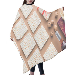 Personality  Top View Of Traditional Book With Text In Hebrew And Collection Of Matza On Brown Table Hair Cutting Cape