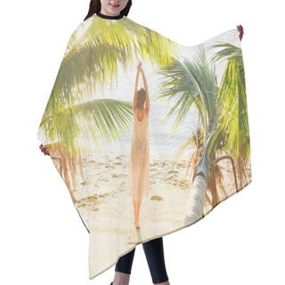 Personality  Back View Of Woman Stretching Between Palm Trees On Seashore Hair Cutting Cape
