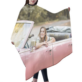 Personality  Cheerful Young Woman Looking Away While Sitting In Convertible Car Hair Cutting Cape