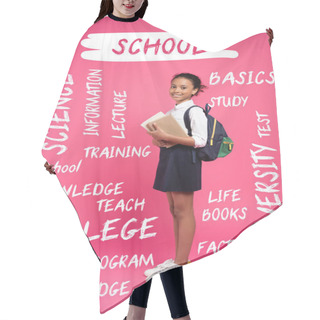 Personality  African American Schoolgirl With Backpack Holding Books Near School Lettering On Pink  Hair Cutting Cape