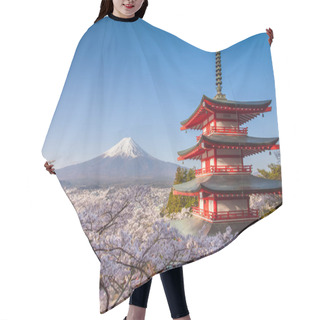 Personality  Landscape Of Mountain Fuji And Chureito Red Pagoda With Sakura Trees Blossom Hair Cutting Cape