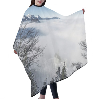 Personality  Scenic View Of Snowy Mountains In Fog Near Neuschwanstein Castle, Germany Hair Cutting Cape