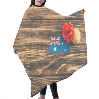 Personality  Top View Of Australian Flag Near Artificial Flower And Cookie On Wooden Surface  Hair Cutting Cape