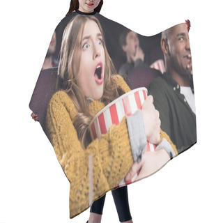 Personality  Young Shocked Girl Holding Big Basket Of Popcorn And Watching Movie In Cinema Hair Cutting Cape