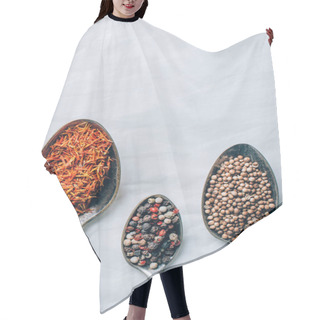 Personality  Top View Of Indian Spices In Spoons On White Table Hair Cutting Cape