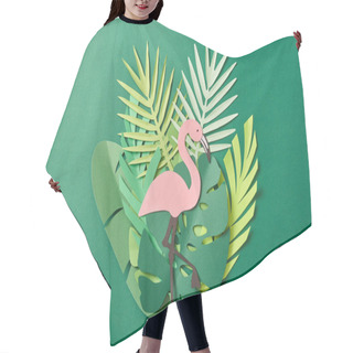 Personality  Top View Of Paper Cut Palm Leaves And Pink Flamingo On Green Background Hair Cutting Cape