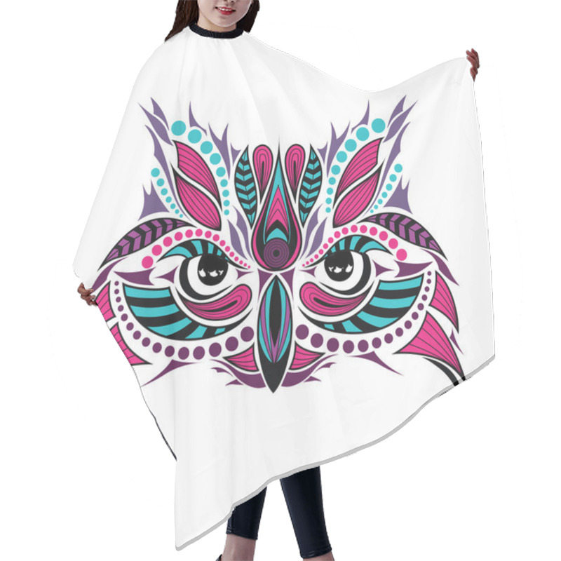 Personality  Patterned Colored Head Of The Owl. African / Indian / Totem / Tattoo Design. It May Be Used For Design Of A T-shirt, Bag, Postcard And Poster. Hair Cutting Cape