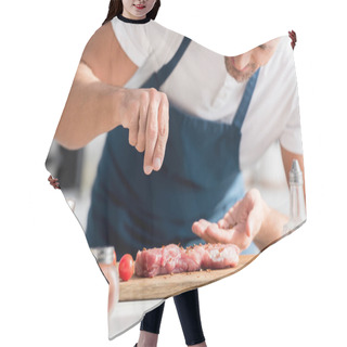 Personality  Close Up Of Handsome Man Salting Steak On Cutting Board Hair Cutting Cape