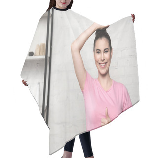 Personality  Happy Woman Showing Thumb Up While Standing With Raised Hand And Smiling At Camera Hair Cutting Cape