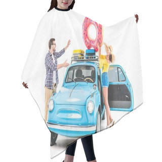 Personality  Couple Putting Inflatable Donut On Car Hair Cutting Cape
