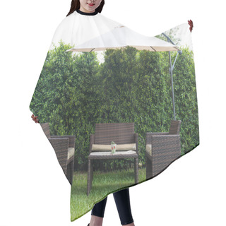 Personality  Set Of Rattan Garden Furniture Under A Big Garden Umbrella Hair Cutting Cape