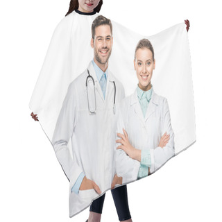 Personality  Handsome Happy Male Doctor Standing Near Female Colleague With Crossed Arms Isolated On White  Hair Cutting Cape