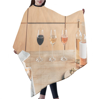 Personality  Wine Glasses, Bottles Of Wine And Food On Wooden Table Hair Cutting Cape