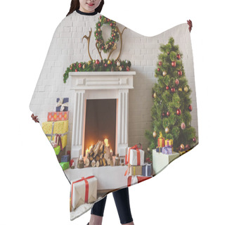 Personality  Festive Living Room With Cozy Fireplace, Christmas Tree And Presents Hair Cutting Cape
