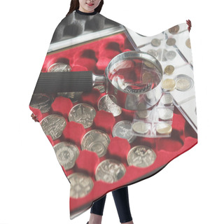 Personality  Different Collector's Coins In The Box With A Magnifying Glass, Soft Focus Background Hair Cutting Cape