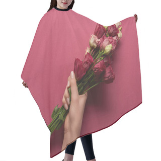 Personality  Cropped View Of Woman Holding Bouquet In Hands On Ruby Background  Hair Cutting Cape
