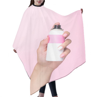 Personality  Cropped Shot Of Woman Holding Can Of Spray Paint For Hair Isolated On Pink Hair Cutting Cape