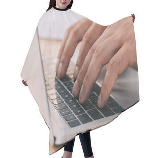 Personality  Partial View Of Man Using Laptop While Taking Part In Webinar At Wooden Tabletop Hair Cutting Cape