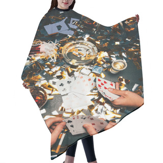 Personality  Cropped Image Of Male Friends And Playing Poker With Alcohol And Cigarettes At Table Covered By Golden Confetti  Hair Cutting Cape