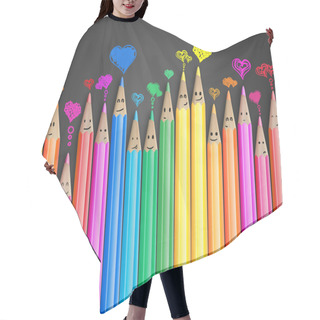 Personality  Group Of Coloured Smiling Pencils With Love Heart Speech Bubbles Hair Cutting Cape