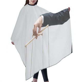 Personality  Cropped View Of Puppeteer Holding Marionette Isolated On Grey Hair Cutting Cape