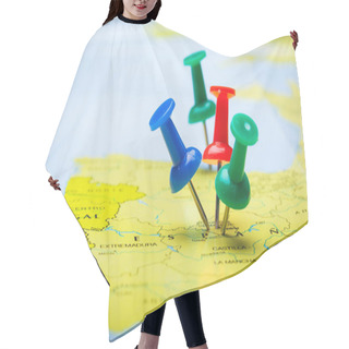 Personality  Travel Destination Points On A Map Indicated With Colorful Thumbtacks Hair Cutting Cape