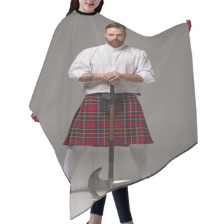 Personality  Serious Scottish Redhead Man In Red Kilt With Battle Axe On Grey Background Hair Cutting Cape